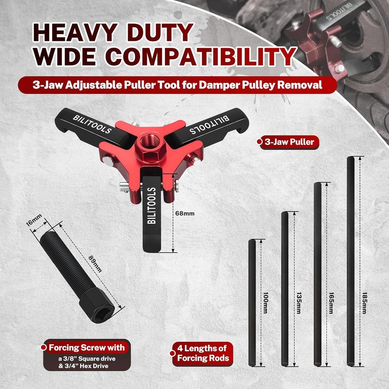 BILITOOLS Harmonic Balancer Puller Set, Upgraded 3-Jaw Pulley Puller with Holding Tool for Removing Harmonic Damper Balancers Compatible with Chevy, GM, Chrysler, Ford etc. - Image 3